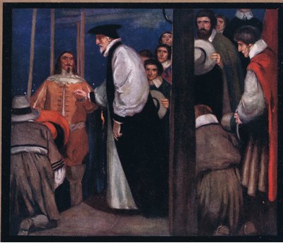 Laud belép a bárkába Lambethnél, hogy a toronyba menjen (színes litho) alkotó: Stephen Reid