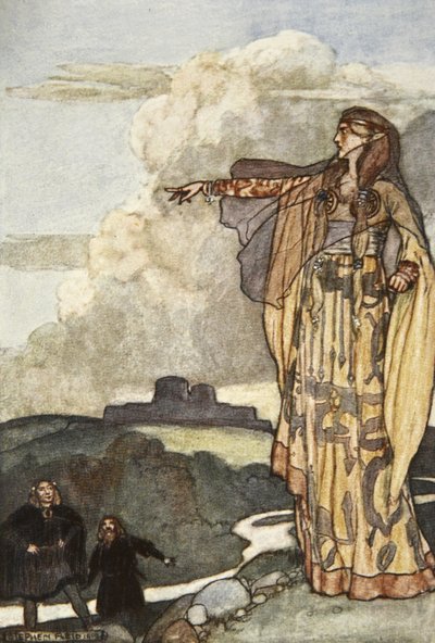 Macha megátkozza az Ulsteri embert, Eleanor Hull (1860-1935) „Cuchulain, The Hound of Ulster” című illusztrációja alkotó: Stephen Reid