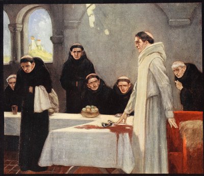 Szent Benedek és a szerzetesek, illusztráció a „Helmet & Cowl: Stories of Monastic and Military Orders” W.M. Letts és M.F.S. Letts alkotó: Stephen Reid