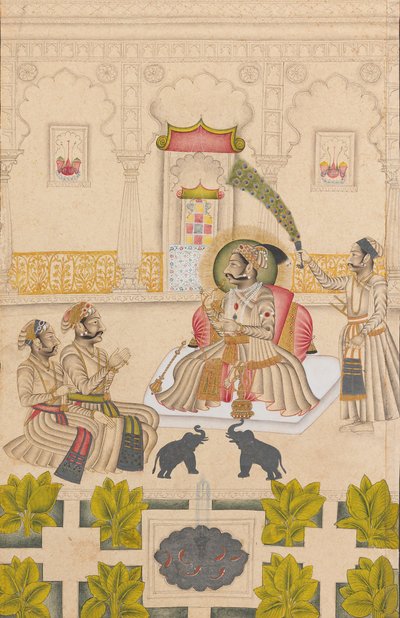 Maharana Amar Singh II két ezüst elefánt látható, kb. 1705. alkotó: Stipple Master