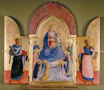Szűz és gyermek angyalokkal és domonkos szenttel, Szent Péter balra, Szent Pál jobbra, 15. század alkotó: Studio of Fra Angelico