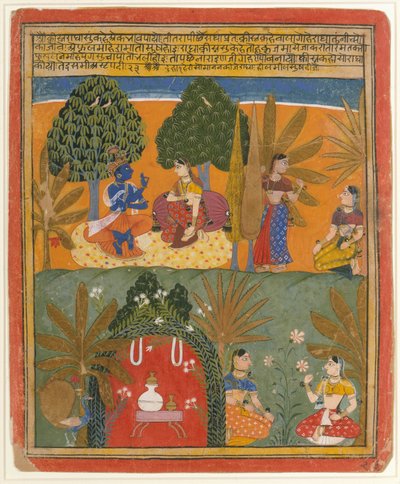 Krishna és Radha bizalmasaikkal: Oldal egy szétszórt Gita Govindából, kb. 1655-60. alkotó: Style of Manohar