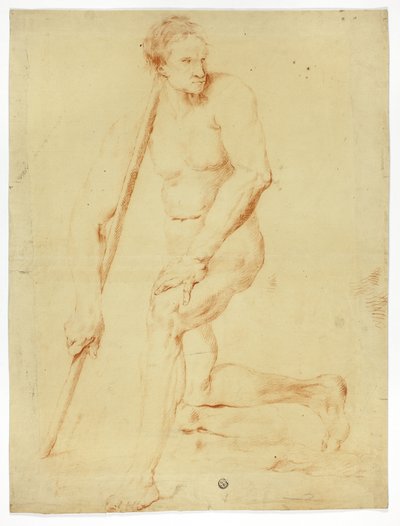 Akadémiai férfi meztelenül támaszkodik a személyzetre alkotó: Style of Pompeo Girolamo Batoni