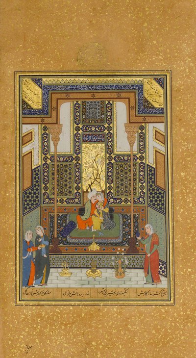 Khusrau és Shirin házassága, Folio 104 Nizami Khamsa Quintetéből, A.H. 931A.D. 1524-25. Alkotók: Sultan Muhammad Nur, Mahmud Muzahhib, Shaikh Zada. alkotó: Sultan Muhammad Nur, Mahmud Muzahhib, Shaikh Zada