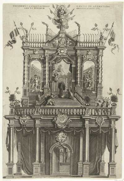 Antwerpenben felállított diadalkapu Alcantara Péter szentté avatása alkalmából 1669-ben Triumphus Canonizationis S. Petri de Alcantara Ord. F.F. Minorum Antverp. Szeptember 16. 1669 (cím a tárgyon) alkotó: Susanna Verbruggen (signed by artist)