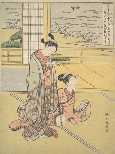 Fiatal férfi és nő Shamisennel, Monk Saigyo, a Hármasra utaló sorozatból..., kb. 1768. alkotó: Suzuki Harunobu