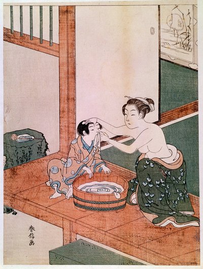 Egy meztelen anya megmossa a gyermekét Japánban egy vízzel teli medence közelében. Haronobu Suzuki (1725 -1770) nyomatai. 1766-1768. Homályos. 0,27x0,201 m. Párizs, Guimet Múzeum, Ázsiai Művészeti Nemzeti Múzeum alkotó: Suzuki Harunobu