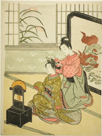 Autumn Moon in the Mirror (Kyodai no shugetsu), a "Nyolc nézet a szalonból (Zashiki hakkei)" sorozatból alkotó: Suzuki Harunobu
