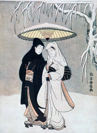 Varjú és gém, avagy a fiatal szerelmesek együtt sétálnak egy esernyő alatt a hóviharban, 1769. alkotó: Suzuki Harunobu