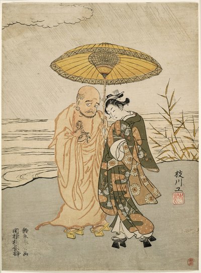 Daruma és egy fiatal nő az esőben alkotó: Suzuki Harunobu