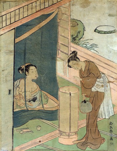 Anya és gyermeke a szúnyogháló mögött Harunobu Suzuki, egy japán tervező, Ukiyo-e stílusú fablokk-nyomtató. alkotó: Suzuki Harunobu
