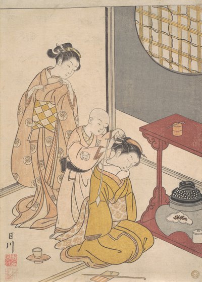 Éjszakai eső a dupla polcos állványon, 1766 körül (fametszet) alkotó: Suzuki Harunobu