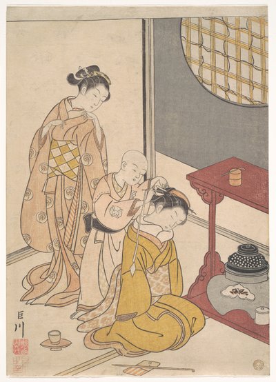 Éjszakai eső a kétszintes polcállványnál, a Nyolc szalonlátkép sorozatból (Zashiki hakkei) alkotó: Suzuki Harunobu