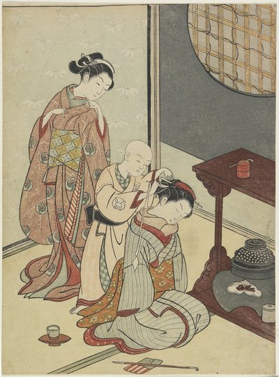 Éjszakai eső a teatartón, 1766 után (színes fanyomat) alkotó: Suzuki Harunobu