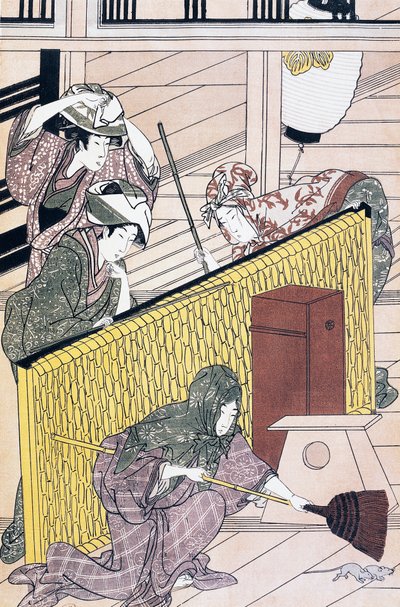 Egereket üldöző szolga a házban, Suzuki Harunobu (1725-1770) ukiyo-e művészeti nyomata, fametszet, japán civilizáció, Edo-korszak alkotó: Suzuki Harunobu