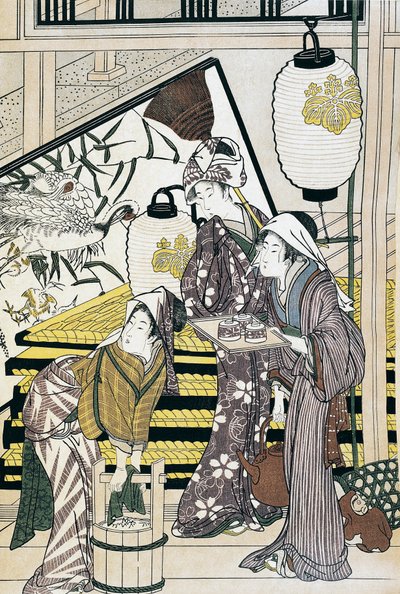 Otthon fáradozó szolgák, Suzuki Harunobu (1725-1770) ukiyo-e művészeti nyomata, fametszet, japán civilizáció, Edo-korszak alkotó: Suzuki Harunobu
