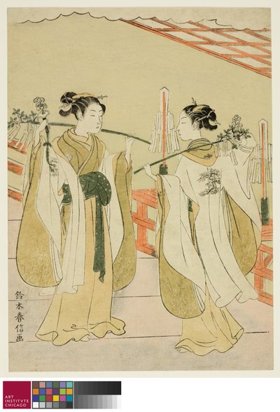 Shrine Maidens Onami and Ohatsu Dancing at Yushima Tenjin Shrine, c.1769 alkotó: Suzuki Harunobu