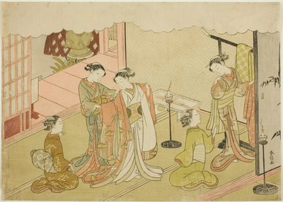 A menyasszony váltóruhája (Iro-naoshi), a "Házasság brokátmintás, az erényes nő kocsija (Konrei nishiki misao-guruma)" sorozat ötödik lapja. alkotó: Suzuki Harunobu