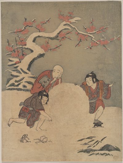Három fiú hóembert épít alkotó: Suzuki Harunobu