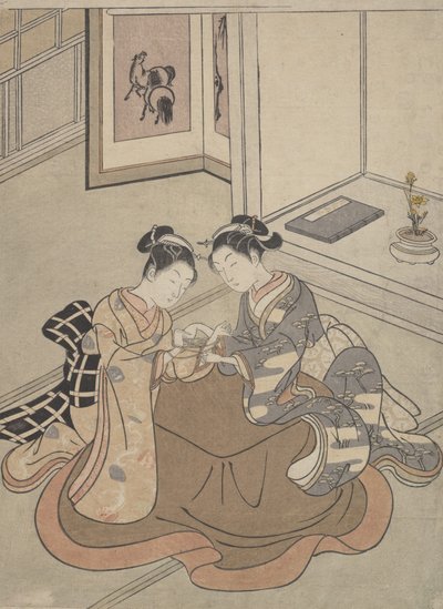 Két fiatal nő ül egy Kotatsu Macskabölcső mellett, kb. 1765., kb. 1765. alkotó: Suzuki Harunobu
