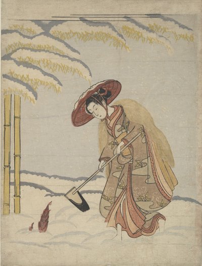 Bambuszrügyeket ásó nő a hóban, avagy Meng Zong Moso paródiája, a Twenty-Fo...-ból, kb. 1765. alkotó: Suzuki Harunobu