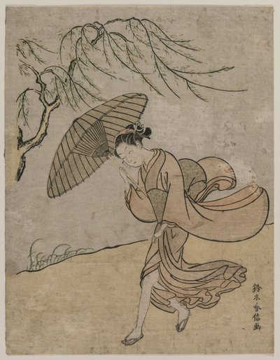 Nő, aki egy fűzfa mellett fut a szélben, 1766 vagy 1767. alkotó: Suzuki Harunobu