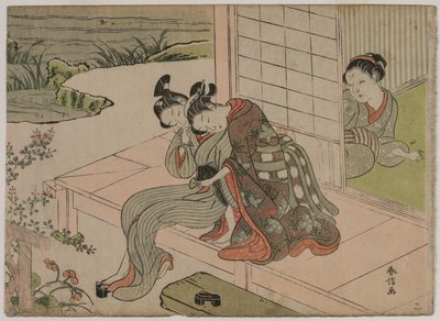 Nő, aki fiatal pár ölelését nézi a verandán, az 1760-as évek végén. alkotó: Suzuki Harunobu