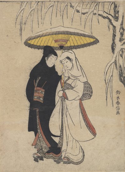 Fiatal szerelmesek együtt sétálnak esernyő alatt a hóviharban Varjú és gém, kb. ..., kb. 1769. alkotó: Suzuki Harunobu