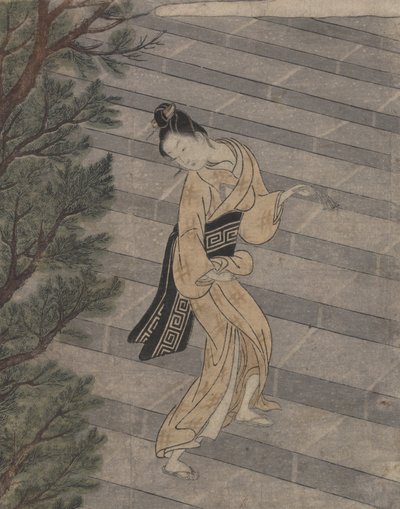 Fiatal nő kőlépcsőn mászik a sintó templomba (faminta) alkotó: Suzuki Harunobu