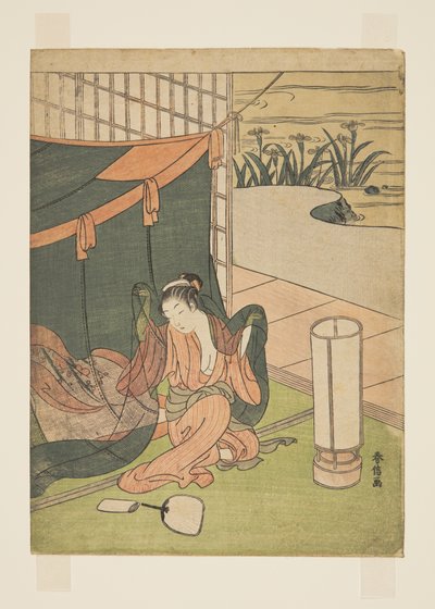 Szúnyoghálóból előbújó fiatal nő (színes fatömbnyomat) alkotó: Suzuki Harunobu