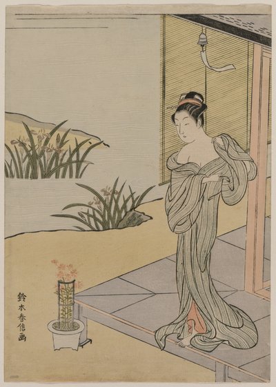 Fiatal nő néz egy fazék rózsaszín, c. 1767. alkotó: Suzuki Harunobu