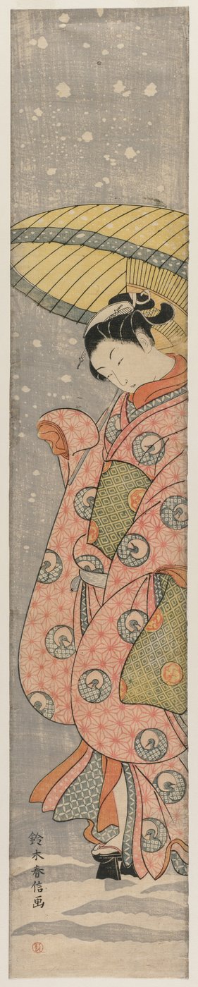 Fiatal nő áll egy esernyő alatt a hóban, 1767-1768. alkotó: Suzuki Harunobu