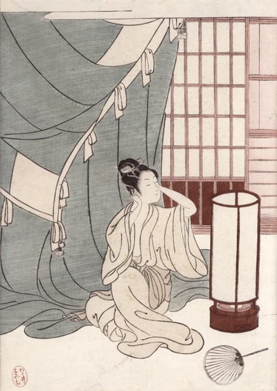 Fiatal nő térdel a szúnyoghálója mellett, 1766 (színes fanyomat) alkotó: Suzuki Harunobu