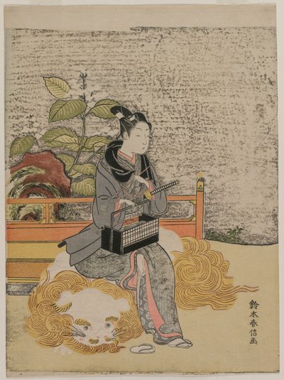 Az ifjúságot reprezentálja Monju, a bölcsesség istene az oroszlánon, c. 1767. alkotó: Suzuki Harunobu