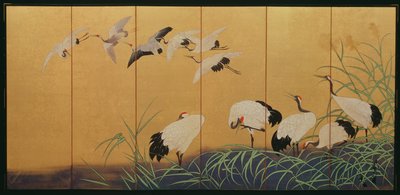Nádat és darut ábrázoló hatszoros képernyő, Edo-korszak, japán, 19. század (szín aranyozott selyemmel) alkotó: Suzuki Kiitsu