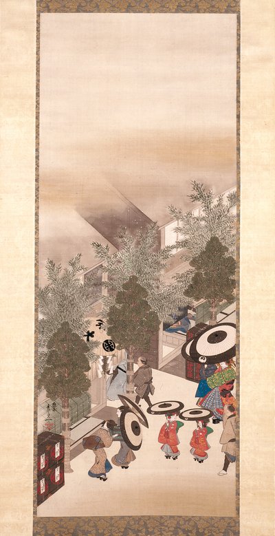 Yoshiwara és Shinagawa (tinta, szín és arany selyemen) alkotó: Suzuki Kiitsu