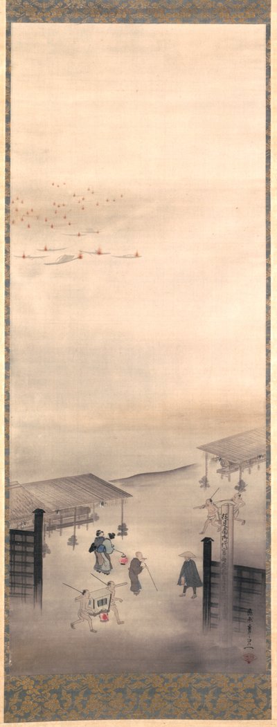 Yoshiwara és Shinagawa, Edo-korszak (tinta, szín és arany selyemen) alkotó: Suzuki Kiitsu