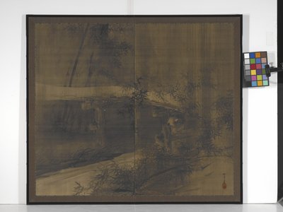 Tanuki Under A Bridge (tinta selyemen narancssárga, arany és ezüst színnel) alkotó: Suzuki Shōnen