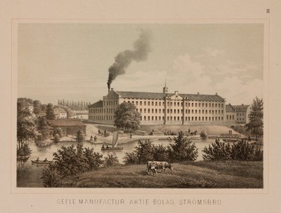 Gyapotgyár, Stromsbro, Svédország, 1840 körül (színes litó) alkotó: Swedish School