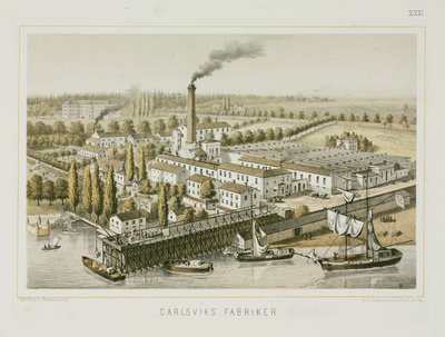 Textilgyár, Carlsviks, Stockholm, Svédország, 1840 körül (színes lito) alkotó: Swedish School