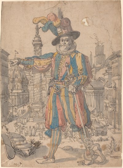 Giovanni Grosso, a svájci gárda Róma látképe előtt áll alkotó: Swiss 17th Century after Francesco Villamena