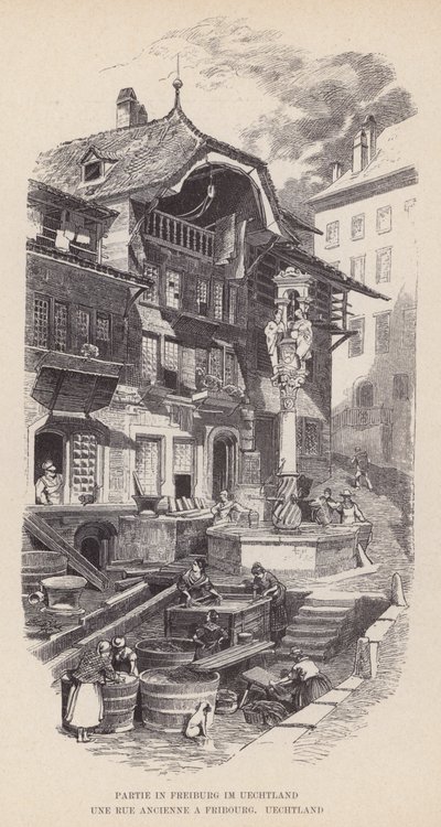 Rész: Freiburg im Uechtland, Egy régi utca Freiburgban, Uechtland (metszet) alkotó: Swiss School