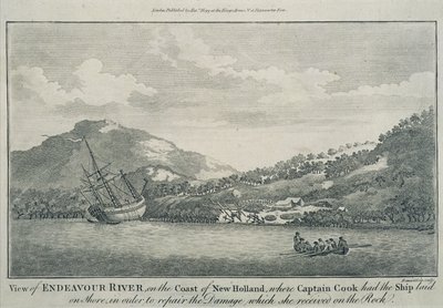 Cook kapitány világkörüli útján hajótörést szenvedett, az Endeavourt a Hope-szigetek egyik kikötőjében megjavították, 1786 körül (metszet) alkotó: Sydney (after) Parkinson