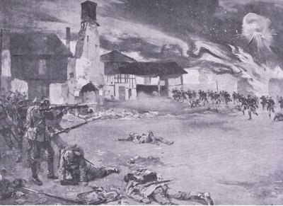 Utcai harcok a francia-német határon: Francia támadás a porosz gárda ellen, a History of the Great War 3. kötetéből, amelyet a Waverley Book Co Limited adott ki, 1920 körül alkotó: Sydney Adamson