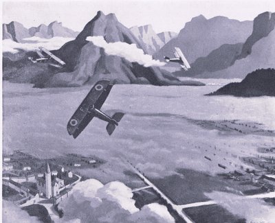 Brit felderítők hagyják el repülőterüket, és járőröznek az olaszországi Asiago-fennsík felett, a Collins által kiadott British Adventure 1947-ben. alkotó: Sydney Carline