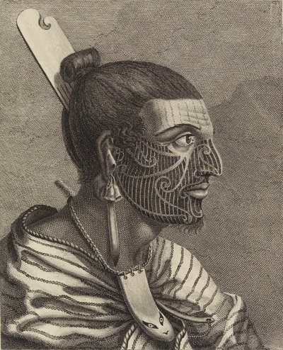 Egy új-zélandi fej, fésűvel a hajában. alkotó: Sydney Parkinson