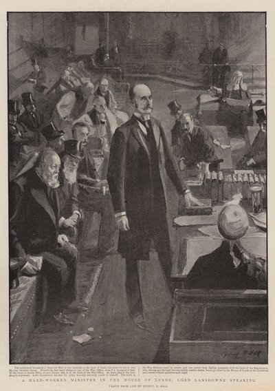 Keményen dolgozó miniszter a Lordok Házában, Lord Lansdowne beszél alkotó: Sydney Prior Hall