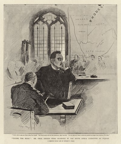 A zenével szemben Cecil Rhodes urat a dél-afrikai vizsgálóbizottság vizsgálja alkotó: Sydney Prior Hall