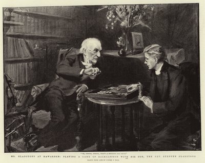 Gladstone úr Hawardenben, backgammonozik fiával, Stephen Gladstone tiszteletessel. alkotó: Sydney Prior Hall