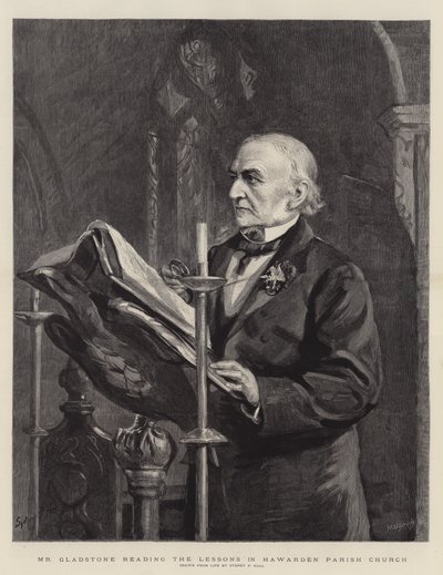 Gladstone úr olvassa a Leckéket a Hawarden plébániatemplomban alkotó: Sydney Prior Hall